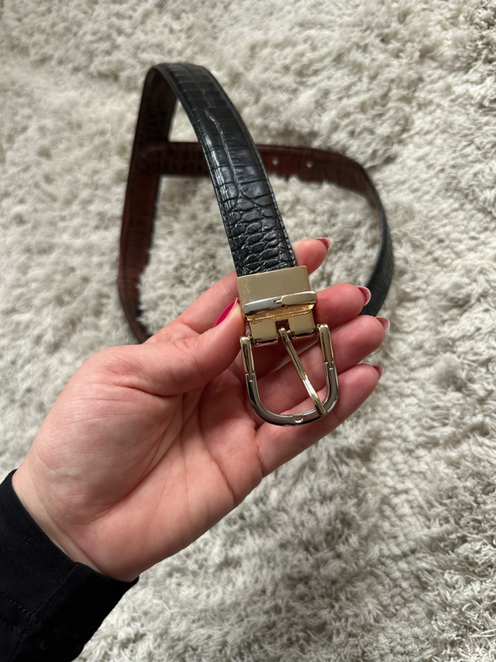 Ralph Lauren Black Brown reversible Croc-Embossed Leather Belt small gold silver - Picture 2 of 8